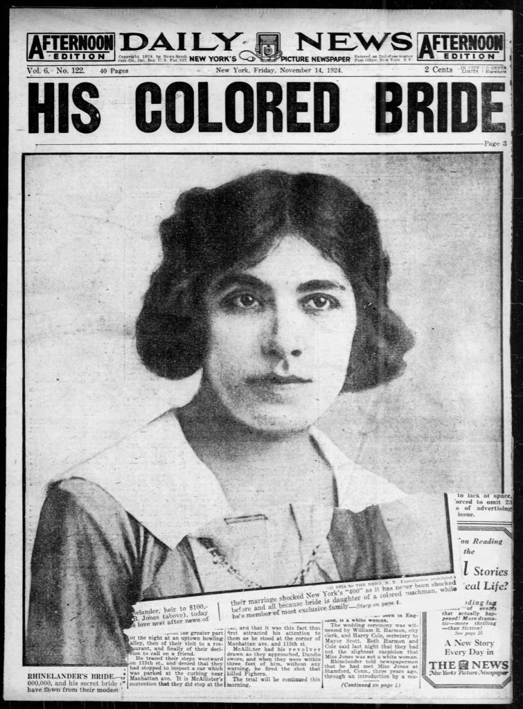 Front page of tabloid newspaper with photograph of a young woman. Headline says his colored bride.