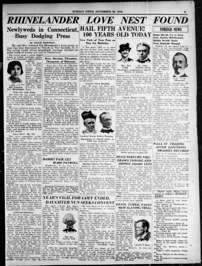 Page from the inside of a tabloid size newspaper reporting on Leonard and Alice Rhinelander.
